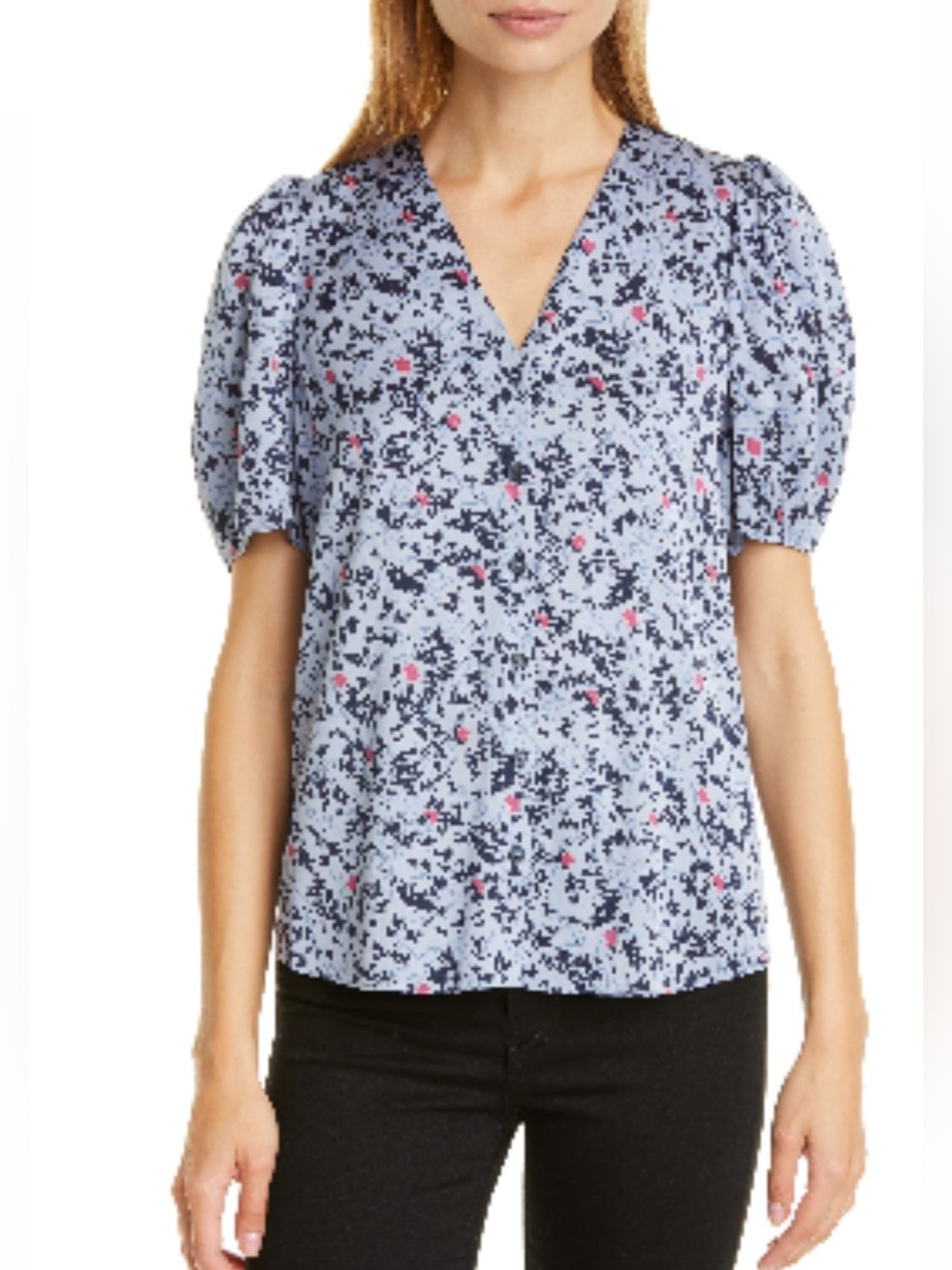 Nordstrom Signature Floral Puff Sleeve Stretch Silk Top NWOT Size Small